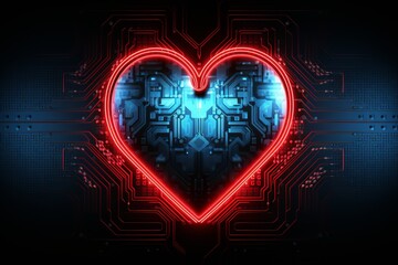 Poster - A glowing heart with circuit elements on a dark digital background symbolizes tech and love