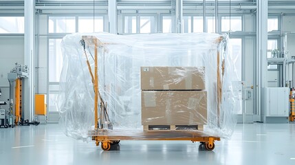 Fototapete - Oversized protective package box wrapped in transparent plastic film for safeguarding and transporting cargo goods or products during shipping logistics and delivery processes