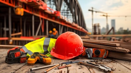 Poster - Personal protective equipment and construction tools displayed in organized layout for an ongoing bridge building project at the worksite