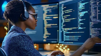 Aufkleber - Portrait of a confident and determined African American female software engineer working on applications at her modern office desk showcasing her expertise in technology and commitment to innovation