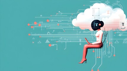 Fototapete - Portrait of a European data engineer working with cloud computing systems surrounded by digital devices and technology in a modern office environment  Depicting data analysis programming