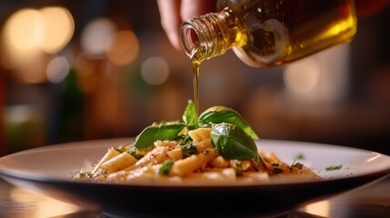 Fresh pasta dish with drizzled green basil infused oil and garnish for culinary inspiration