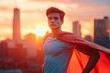 © zakiroff - Young superhero wearing red cape standing on rooftop with bright city skyline at sunset, embodying courage, power, and hope