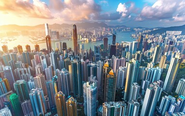 Top view perspective, megalopolis skyscrapers, tall buildings. Aerial cyber punk shot, futuristic city in the daytime with clouds and sunshine. Hong Kong concrete jungle, bright colors, AI generated