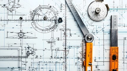 Poster - Precision Measurement Devices like Calipers and Micrometers on a Technical Drawing Board Used for Engineering Manufacturing and Control Processes