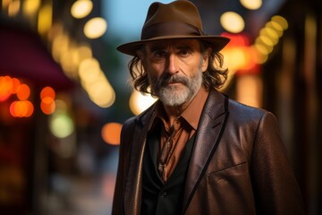 Wall Mural - Handsome gangster man with hat on unfocused city background.