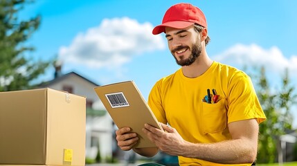 Poster - Professional Courier Scanning Barcode on Large Parcel Box During Delivery Process of Shipping and Logistics Services