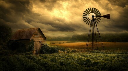 Farm landscape with an old wooden windmill surrounded by green fields, under a moody sky, offering plenty of space for text or design elements