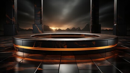 Wall Mural - elegant black and gold podium platform on a dark scene, suitable for premium product advertising.