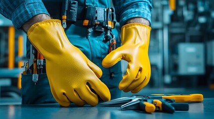 Aufkleber - Protective rubber gloves and insulated tools for electrical engineers working on maintenance and repairs at a power station facility