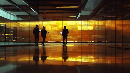 Poster - Senior executive in a collaborative setting reviewing documents with a colleague in a glass-walled office space Stock Photo with side copy space