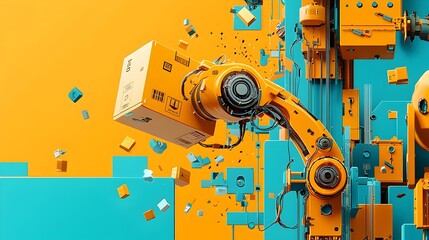 Poster - Robotic arm gently placing a parcel box onto a sorting conveyor belt in an efficient automated logistics and distribution center