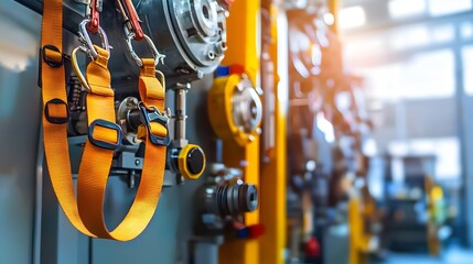 Poster - Safety harness and lanyard equipment hanging on a wall beside industrial machinery in a factory or warehouse setting  Protective gear for workers in manufacturing or construction industries