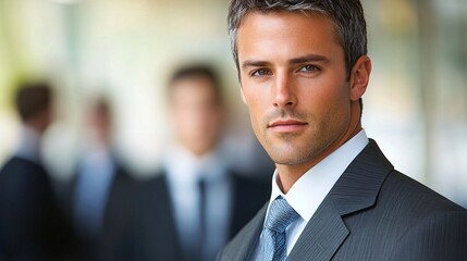 Aufkleber - Senior executive walking confidently through a busy corporate office interacting with colleagues and leading projects Stock Photo with side copy space