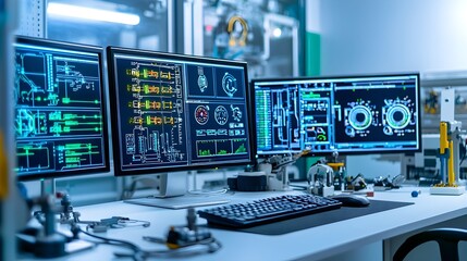 Poster - Sophisticated control room desk filled with multiple monitors displaying system data and surrounded by various engineering tools showcasing a high tech workplace for data analysis process automation
