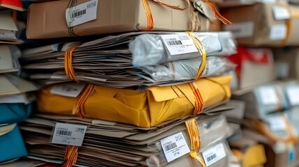 Poster - Stacking of diverse international parcels and packages with customs stickers and labels showcasing the logistics and shipping process for global trade and commerce
