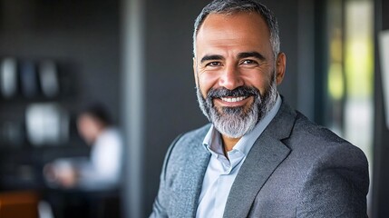 Poster - Senior executive confidently walking through a modern glass office surrounded by colleagues working on important business tasks Stock Photo with side copy space