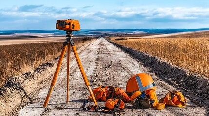 Poster - Surveying equipment tripod with safety gear scattered nearby in a rural construction area  Outdoor scene featuring essential tools and gear for land surveying and construction project planning