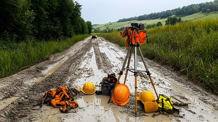 Poster - Surveying equipment tripod with scattered safety gear in a rural construction area  Landscape with grass sky and clouds in the background