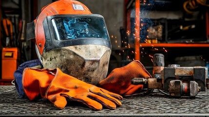 Poster - Welding mask and heat resistant gloves resting on a steel workbench in an industrial workshop setting