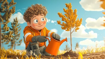 Aufkleber - Whimsical and imaginative of a cartoon environmental engineer character joyfully planting trees using a clay watering can symbolizing sustainability eco friendly practices