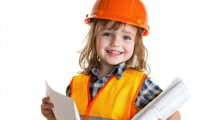 A project manager overseeing a construction site with a hard hat and plans, isolated on a white background.