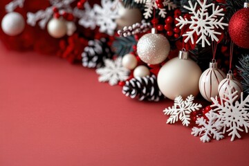 A beautiful arrangement of festive Christmas decorations in red and white, featuring snowflakes, baubles, and pinecones, evoking holiday cheer and warmth.