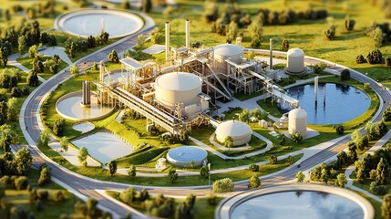 Poster - aerial drone view of modern water treatment plant seamlessly integrated within the larger paper mill