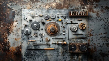 Poster - An assortment of precision engineering tools including a ruler caliper wrench screwdriver and pliers neatly arranged on a metal surface