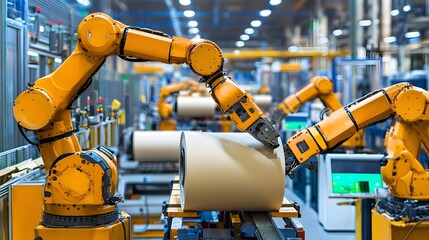 Leinwandbilder - Automated robotic arms efficiently transporting and maneuvering paper rolls within a modern industrial factory environment showcasing the of advanced technology in manufacturing processes