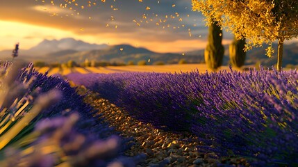 Aufkleber - Breathtaking landscape of a lavender field bathed in the soft golden glow of the setting sun creating a serene and enchanting atmosphere