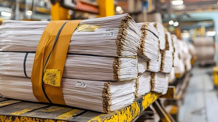 Poster - Bundled and wrapped printing paper stacks ready for delivery and distribution at a commercial warehouse or distribution center  The paper products are neatly packaged and prepared for shipping