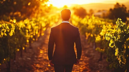 Aufkleber - Senior executive walking through a vineyard during a luxury wine-tasting retreat enjoying the scenic views and relaxing atmosphere Stock Photo with side copy space