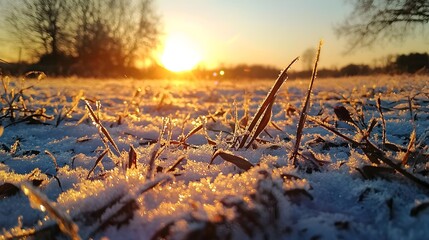Poster - Captivating scene of the sun s rays reflecting off the intricate ice crystals blanketing a serene winter landscape at the tranquil dawn hour