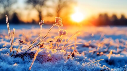 Poster - Captivating winter landscape with the sun s rays reflecting off the glistening ice crystals that cover the snowy scene at the tranquil dawn hour  A serene and magical natural display of light and ice