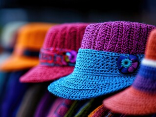 A collection of colorful knitted hats is artistically displayed in a vibrant market stall, each adorned with unique patterns and flowers showcasing craftsmanship talent.