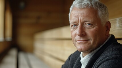 Aufkleber - Senior executive relaxing in a luxury sauna with soft lighting and a serene atmosphere creating a sense of calm Stock Photo with side copy space