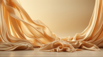 Wall Mural - floating silk drapery on beige pedestal backdrop for a sophisticated product display.