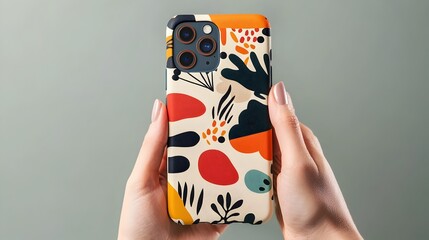 Poster - Close up of hands presenting an phone case with intricate geometric patterns and abstract textures  The case showcases a modern creative and visually appealing design