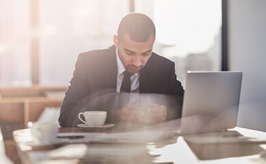 Poster - Businessman, mobile and laptop in office for finance, online banking and client contact. Trader, computer and phone in agency for economy news, check stock market and research investment opportunity