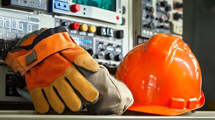 Poster - Close up view of a pair of sturdy work gloves and a bright yellow hard hat resting on an industrial control panel in a factory setting emphasizing the importance of workplace safety and equipment