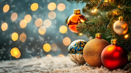 Fototapete - Close up view of shimmering glass Christmas ornaments reflecting the warm glow of twinkling holiday lights on a decorated tree