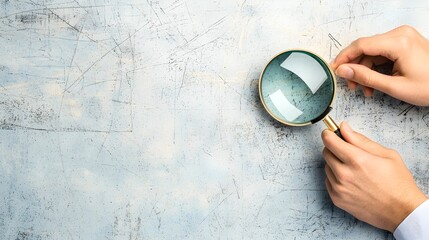 Poster - Closeup of hands holding a magnifying glass focusing intently on a small object for detailed inspection research and discovery