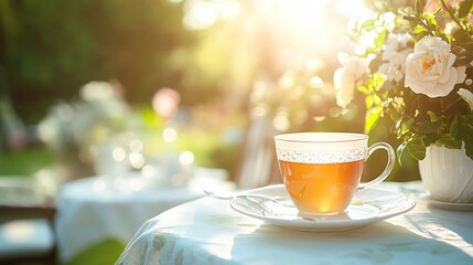 Aufkleber - Senior executive enjoying a quiet afternoon tea in a garden with elegant decor and soft sunlight Stock Photo with side copy space