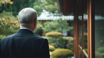 Aufkleber - Senior executive walking through a tranquil Japanese garden with traditional architecture creating a sense of peace and relaxation Stock Photo with side copy space