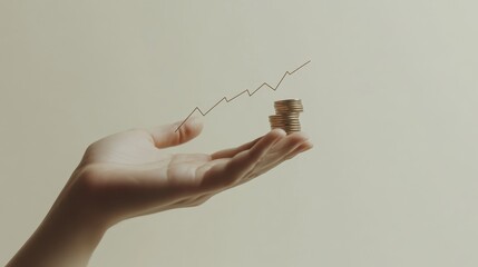 A hand holding a pile of coins, alongside an upward-trending line graph representing financial growth.