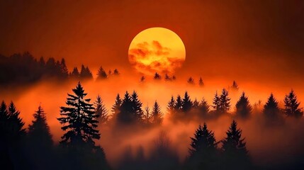 Poster - Dramatic and atmospheric landscape with the sun as a fiery orange disk emerging through the mist over a peaceful misty forest scene