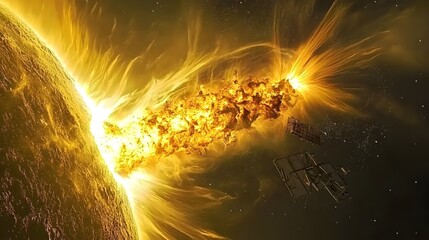Aufkleber - Dramatic deep space imagery captures a brilliant solar flare erupting from the sun s turbulent surface showcasing the powerful and luminous cosmic energy of our star s chromosphere and photosphere