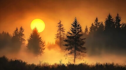 Poster - Dramatic landscape with the sun as a fiery orange disk emerging through the mist over a dense mysterious forest  The misty atmospheric scene creates a serene and calming mood