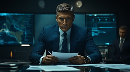Poster - Senior executive sitting at a glass desk reviewing documents with a focused expression in a high-end office environment Stock Photo with side copy space